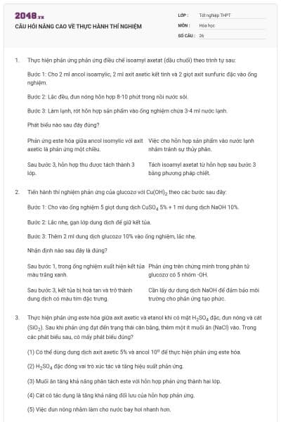 CÂU HỎI NÂNG CAO VỀ THỰC HÀNH THÍ NGHIỆM