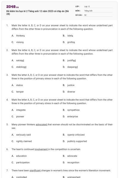 Đề kiểm tra học kì 2 Tiếng anh 12 năm 2023 có đáp án (Đề 28)