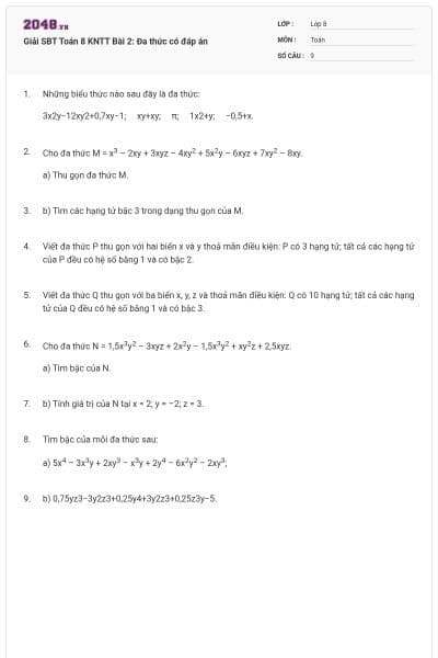 Giải SBT Toán 8 KNTT Bài 2: Đa thức có đáp án