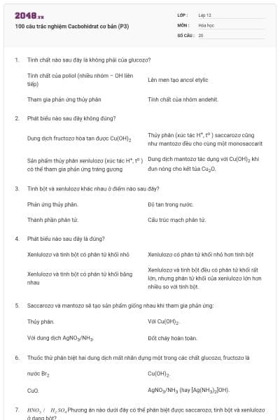 100 câu trắc nghiệm Cacbohidrat cơ bản (P3)