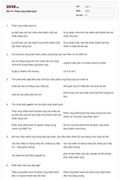 Bài 41: Phản ứng nhiệt hạch