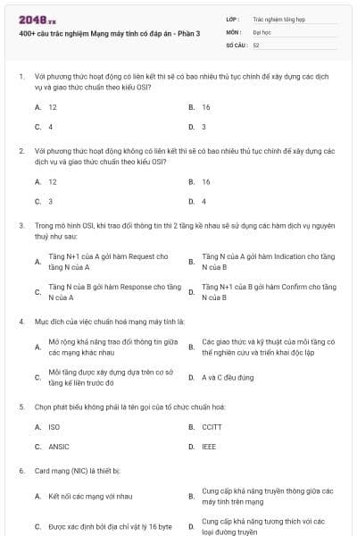 400+ câu trắc nghiệm Mạng máy tính có đáp án - Phần 3
