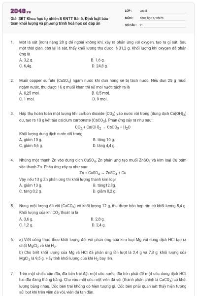Giải SBT Khoa học tự nhiên 8 KNTT Bài 5. Định luật bảo toàn khối lượng và phương trình hoá học có đáp án