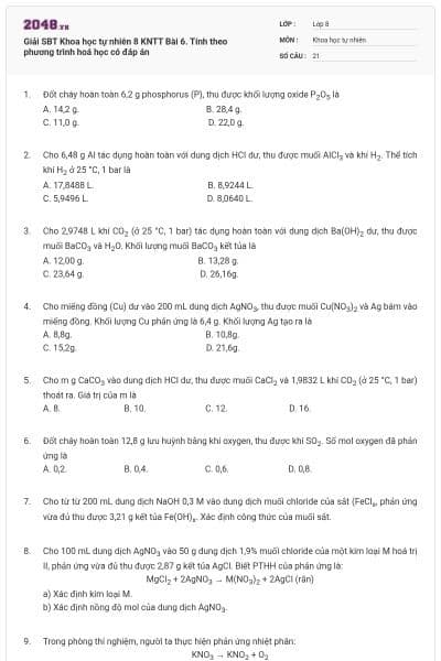 Giải SBT Khoa học tự nhiên 8 KNTT Bài 6. Tính theo phương trình hoá học có đáp án