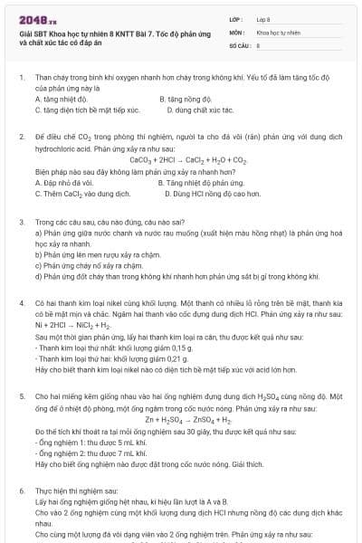 Giải SBT Khoa học tự nhiên 8 KNTT Bài 7. Tốc độ phản ứng và chất xúc tác có đáp án
