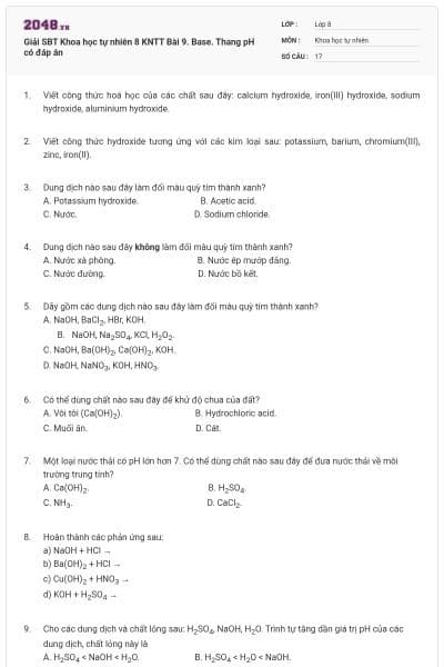 Giải SBT Khoa học tự nhiên 8 KNTT Bài 9. Base. Thang pH có đáp án