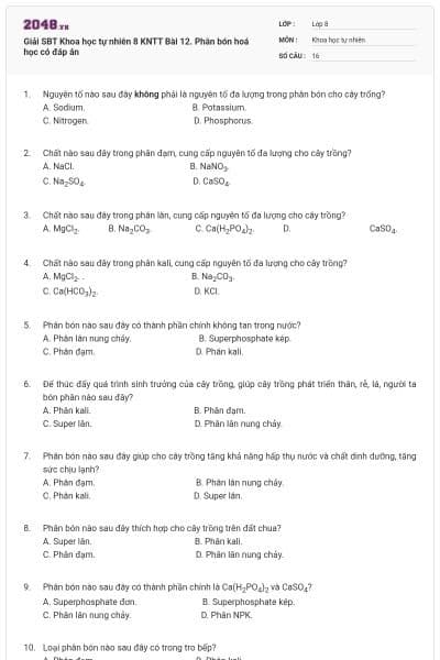 Giải SBT Khoa học tự nhiên 8 KNTT Bài 12. Phân bón hoá học có đáp án