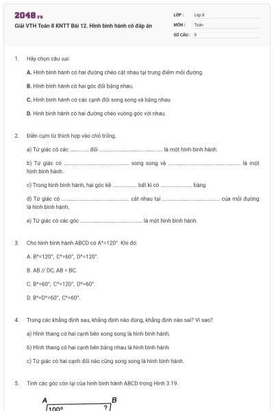 Giải VTH Toán 8 KNTT Bài 12. Hình bình hành có đáp án