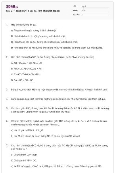 Giải VTH Toán 8 KNTT Bài 13. Hình chữ nhật đáp án