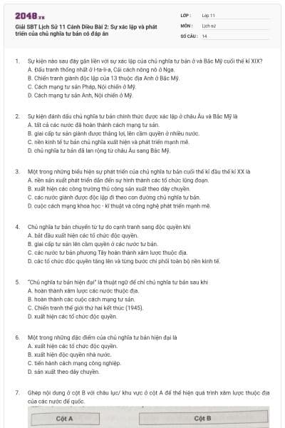 Giải SBT Lịch Sử 11 Cánh Diều Bài 2: Sự xác lập và phát triển của chủ nghĩa tư bản có đáp án