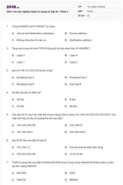 300+ câu trắc nghiệm Quản trị mạng có đáp án - Phần 3