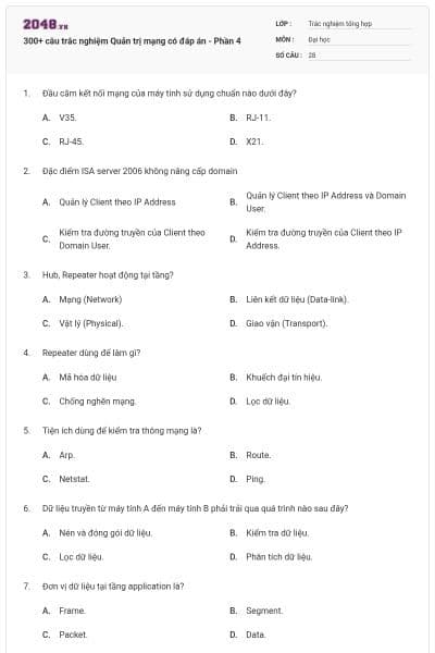 300+ câu trắc nghiệm Quản trị mạng có đáp án - Phần 4