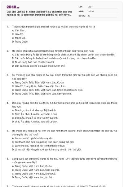 Giải SBT Lịch Sử 11 Cánh Diều Bài 4: Sự phát triển của chủ nghĩa xã hội từ sau chiến tranh thế giới thứ hai đến nay có đáp án
