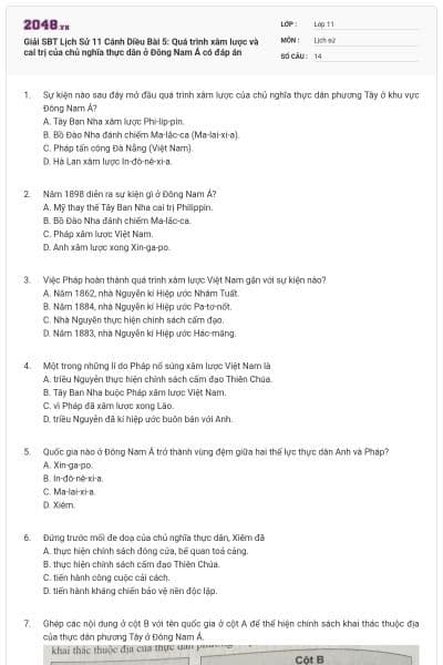 Giải SBT Lịch Sử 11 Cánh Diều Bài 5: Quá trình xâm lược và cai trị của chủ nghĩa thực dân ở Đông Nam Á có đáp án