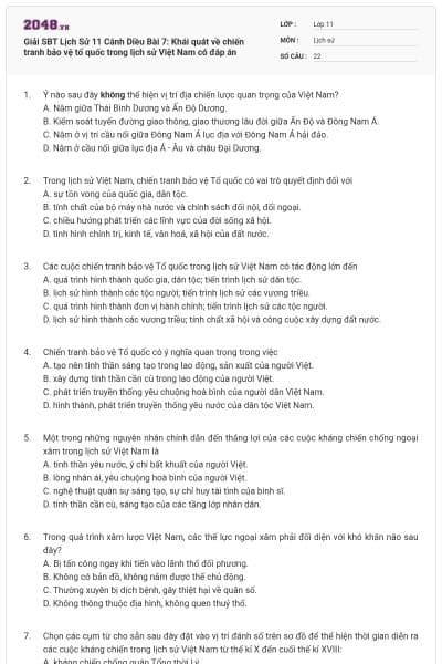 Giải SBT Lịch Sử 11 Cánh Diều Bài 7: Khái quát về chiến tranh bảo vệ tổ quốc trong lịch sử Việt Nam có đáp án