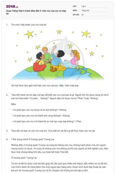 Soạn Tiếng Việt 4 Cánh diều Bài 5: Ước mơ của em có đáp án