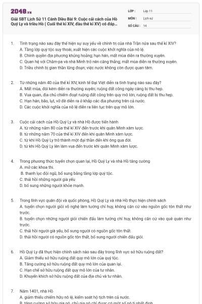 Giải SBT Lịch Sử 11 Cánh Diều Bài 9: Cuộc cải cách của Hồ Quý Ly và triều Hồ ( Cuối thế kỉ XIV, đầu thế kỉ XV) có đáp án
