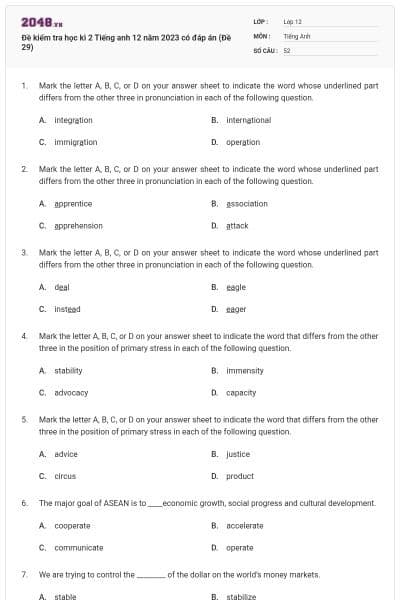 Đề kiểm tra học kì 2 Tiếng anh 12 năm 2023 có đáp án (Đề 29)