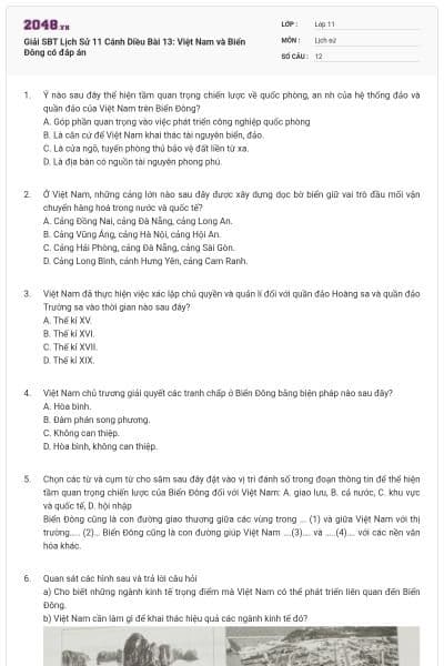 Giải SBT Lịch Sử 11 Cánh Diều Bài 13: Việt Nam và Biển Đông có đáp án
