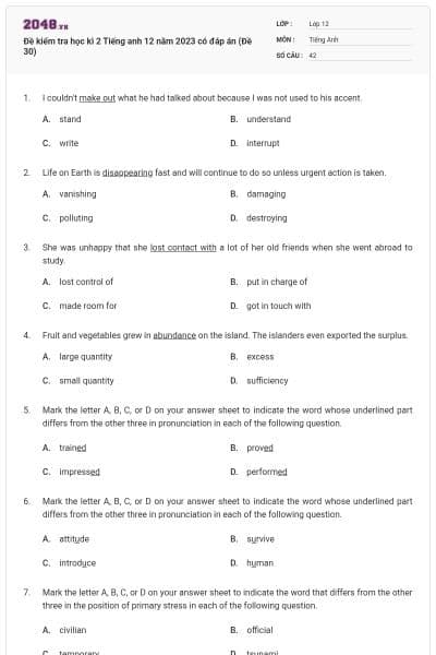 Đề kiểm tra học kì 2 Tiếng anh 12 năm 2023 có đáp án (Đề 30)