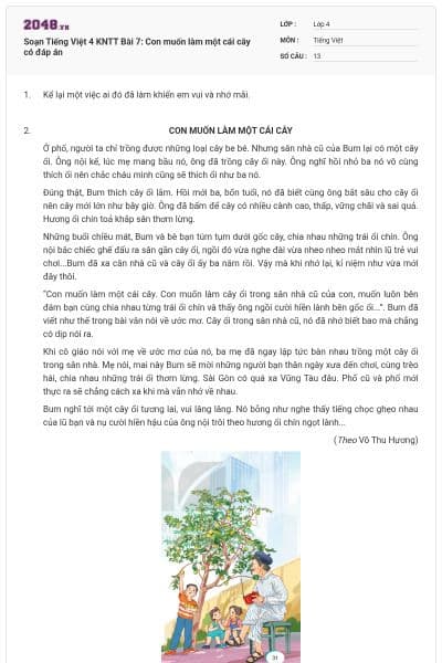 Soạn Tiếng Việt 4 KNTT Bài 7: Con muốn làm một cái cây có đáp án