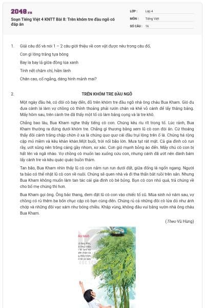 Soạn Tiếng Việt 4 KNTT Bài 8: Trên khóm tre đầu ngõ có đáp án