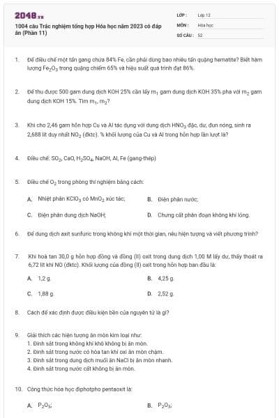 1004 câu  Trắc nghiệm tổng hợp Hóa học năm 2023 có đáp án (Phần 11)