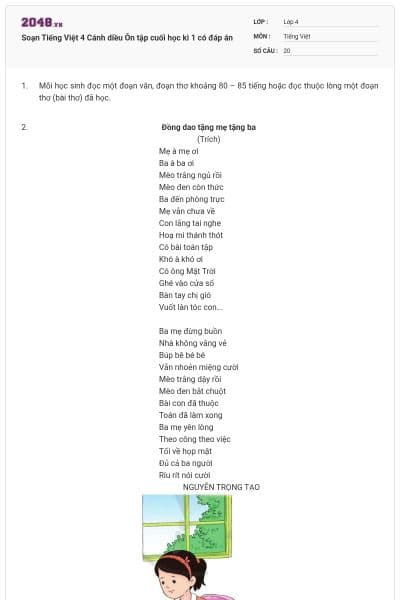 Soạn Tiếng Việt 4 Cánh diều Ôn tập cuối học kì 1 có đáp án