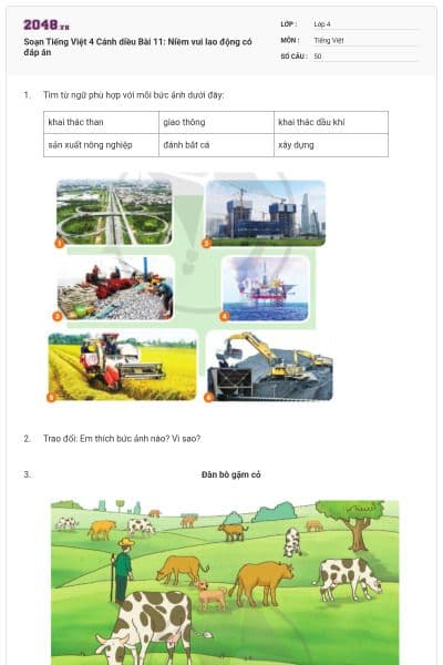 Soạn Tiếng Việt 4 Cánh diều Bài 11: Niềm vui lao động có đáp án