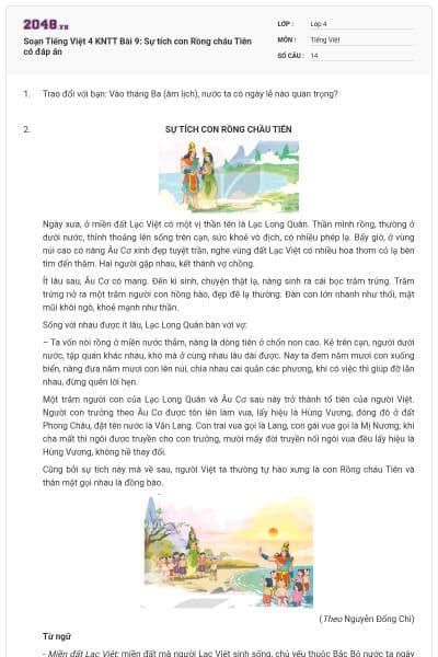 Soạn Tiếng Việt 4 KNTT Bài 9: Sự tích con Rồng cháu Tiên có đáp án