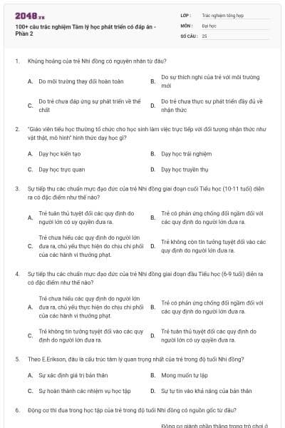 100+ câu trắc nghiệm Tâm lý học phát triển có đáp án - Phần 2