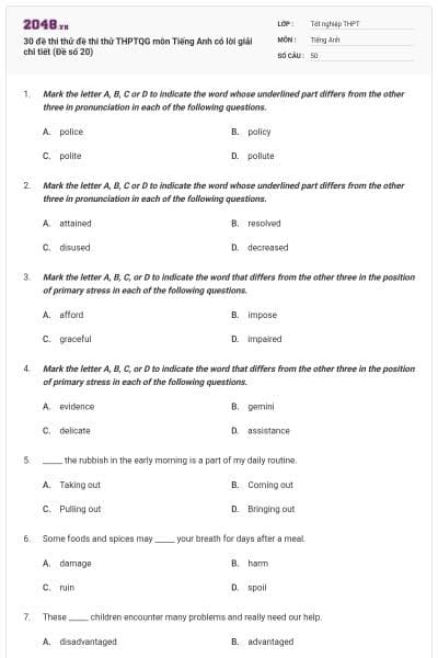 30 đề thi thử đề thi thử THPTQG môn Tiếng Anh có lời giải chi tiết (Đề số 20)