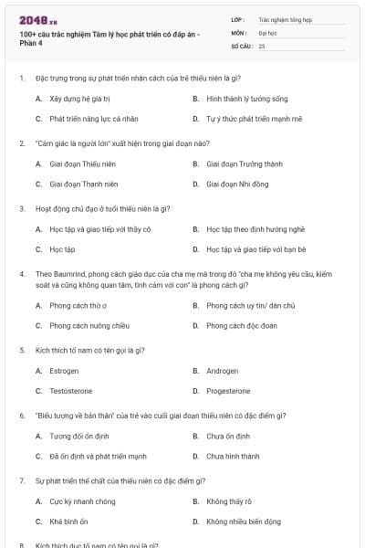 100+ câu trắc nghiệm Tâm lý học phát triển có đáp án - Phần 4