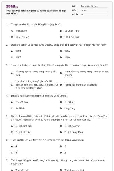 100+ câu trắc nghiệm Nghiệp vụ hướng dẫn du lịch có đáp án - Phần 2