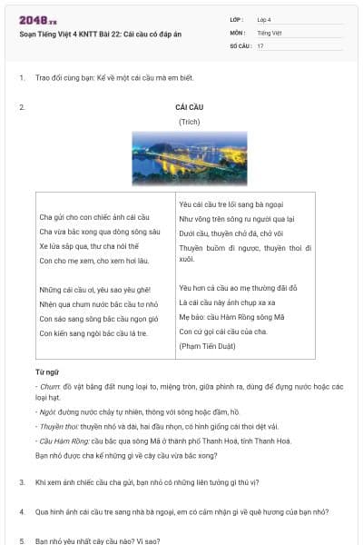 Soạn Tiếng Việt 4 KNTT Bài 22: Cái cầu có đáp án