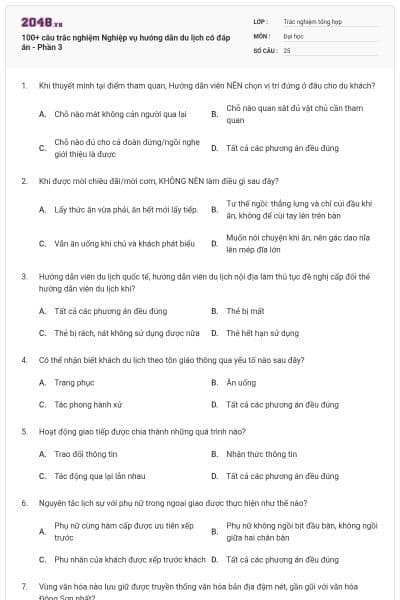 100+ câu trắc nghiệm Nghiệp vụ hướng dẫn du lịch có đáp án - Phần 3
