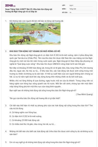 Soạn Tiếng Việt 4 KNTT Bài 25: Khu bảo tồn động vật hoang dã Ngô-rông-gô-rô có đáp án