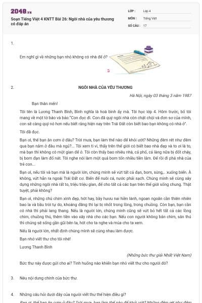 Soạn Tiếng Việt 4 KNTT Bài 26: Ngôi nhà của yêu thương có đáp án