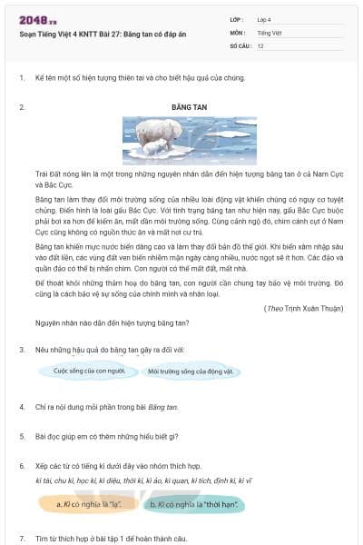 Soạn Tiếng Việt 4 KNTT Bài 27: Băng tan có đáp án