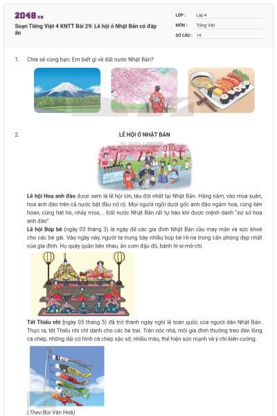 Soạn Tiếng Việt 4 KNTT Bài 29: Lễ hội ở Nhật Bản có đáp án