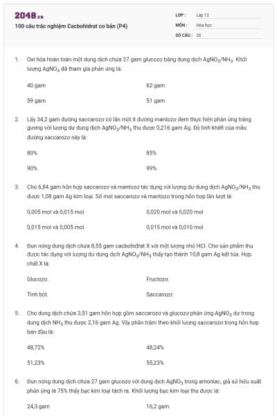 100 câu trắc nghiệm Cacbohidrat cơ bản (P4)