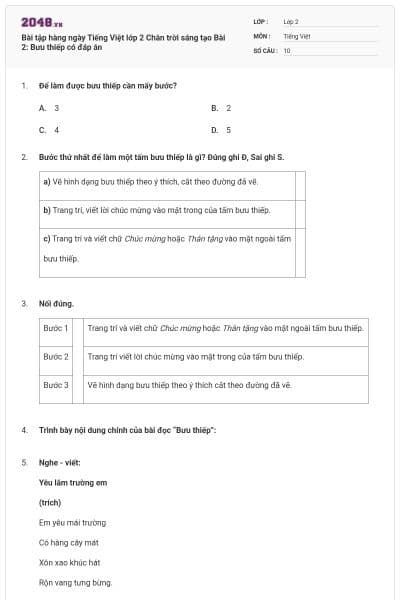 Bài tập hàng ngày Tiếng Việt lớp 2 Chân trời sáng tạo Bài 2: Bưu thiếp có đáp án