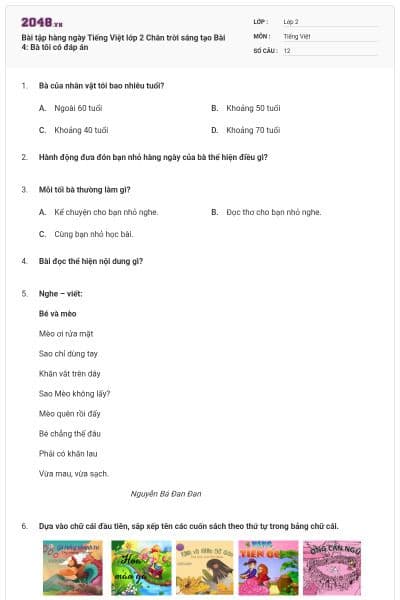 Bài tập hàng ngày Tiếng Việt lớp 2 Chân trời sáng tạo Bài 4: Bà tôi có đáp án