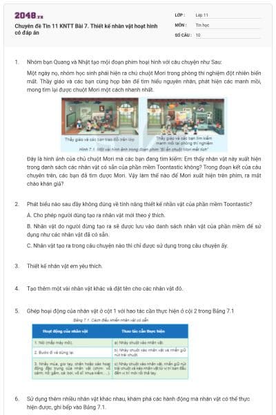 Chuyên đề Tin 11 KNTT Bài 7. Thiết kế nhân vật hoạt hình có đáp án