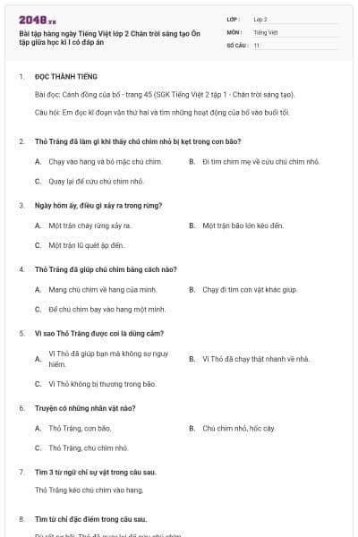 Bài tập hàng ngày Tiếng Việt lớp 2 Chân trời sáng tạo Ôn tập giữa học kì I có đáp án