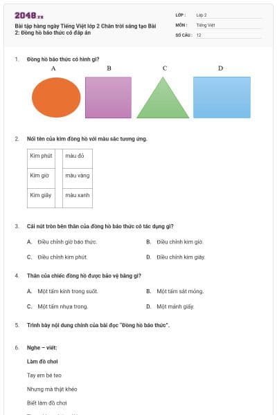 Bài tập hàng ngày Tiếng Việt lớp 2 Chân trời sáng tạo Bài 2: Đồng hồ báo thức có đáp án
