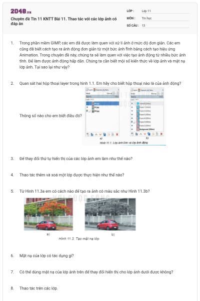 Chuyên đề Tin 11 KNTT Bài 11. Thao tác với các lớp ảnh có đáp án