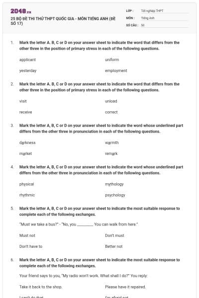 25 BỘ ĐỀ THI THỬ THPT QUỐC GIA - MÔN TIẾNG ANH (ĐỀ SỐ 17)