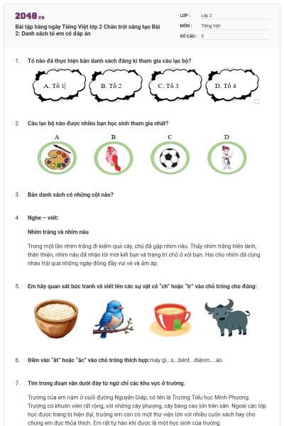 Bài tập hàng ngày Tiếng Việt lớp 2 Chân trời sáng tạo Bài 2: Danh sách tổ em có đáp án