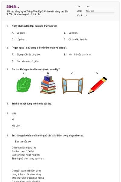 Bài tập hàng ngày Tiếng Việt lớp 2 Chân trời sáng tạo Bài 3: Yêu lắm trường ơi! có đáp án